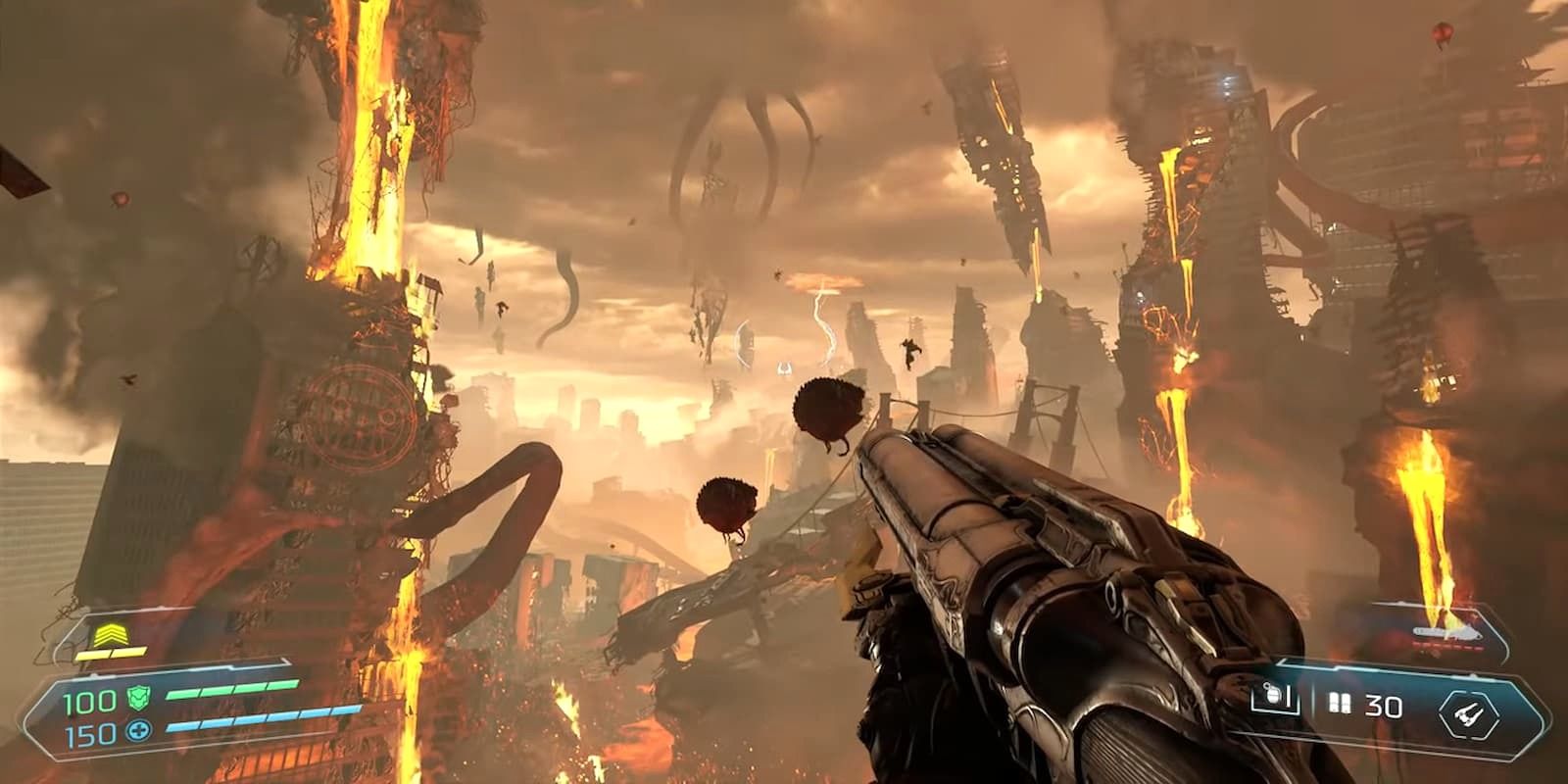 Une capture d'écran de Hell On Earth dans Doom Eternal, avec des démons volant et des gratte-ciel s'effondrant.