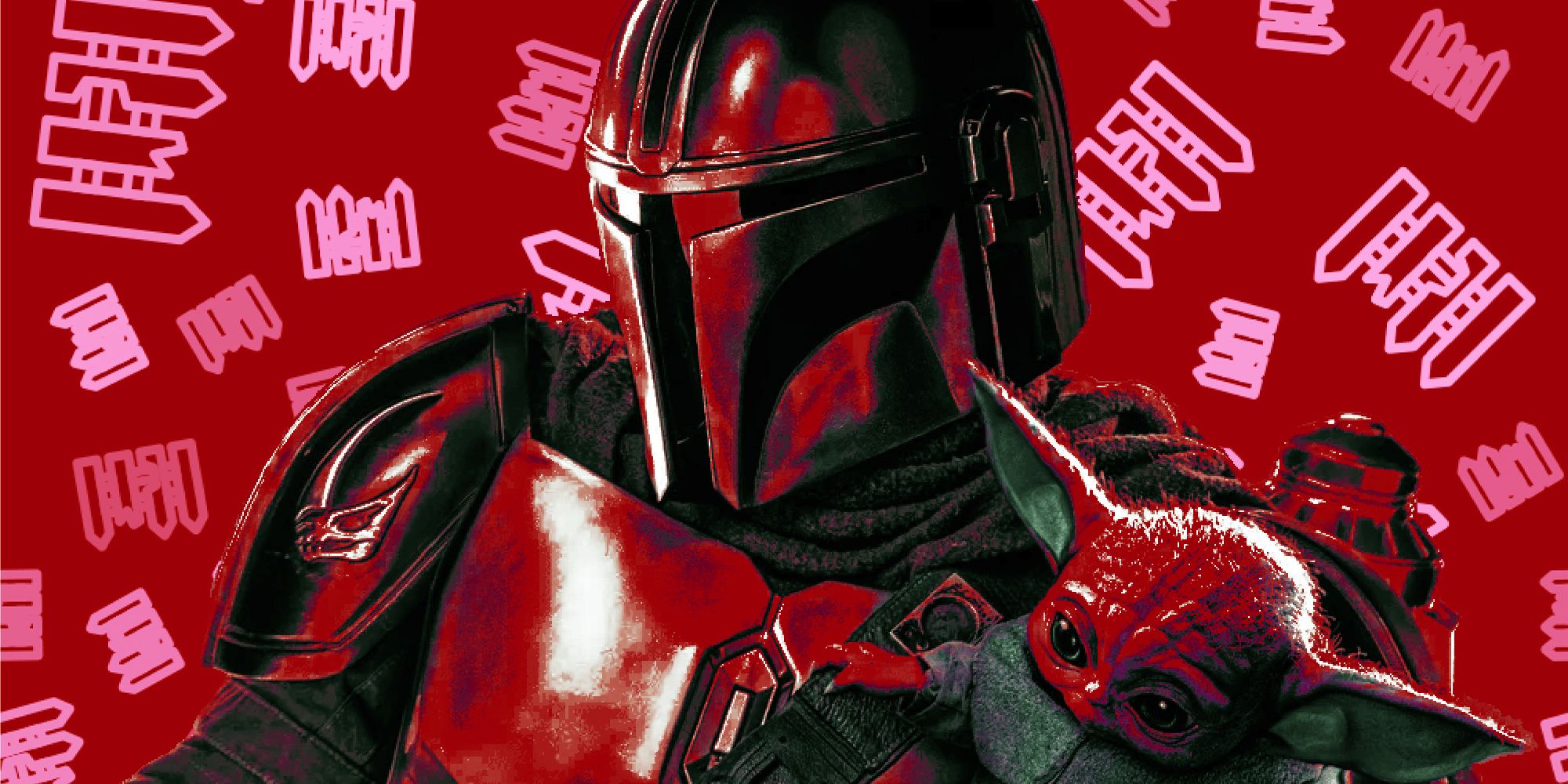 Mandalorian et Grogu en rouge, sur fond rouge avec un motif de clôture brisée