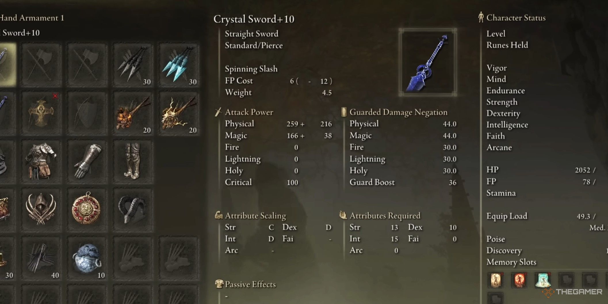 Description de l'arme Crystal Sword dans Elden Ring.