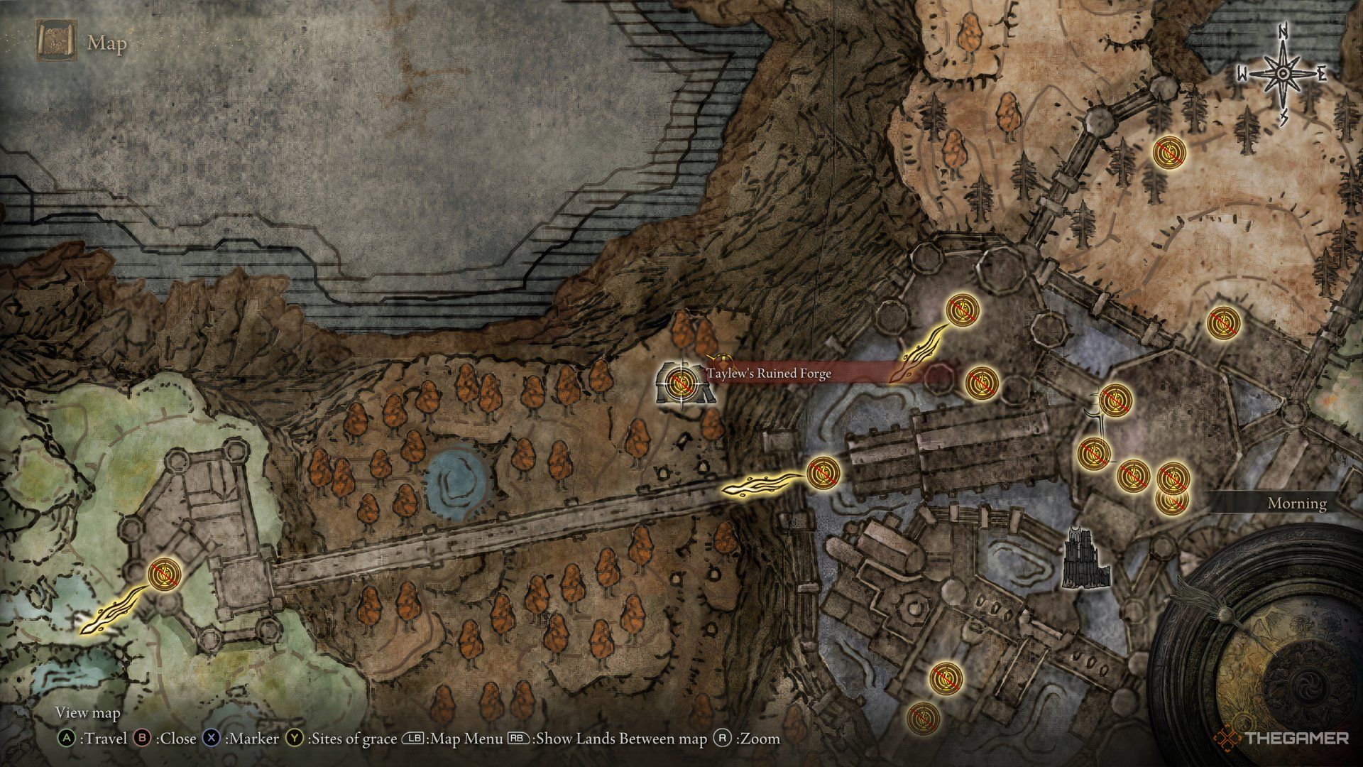 L'emplacement du donjon de la Forge en ruine de Taylew est indiqué sur la carte.