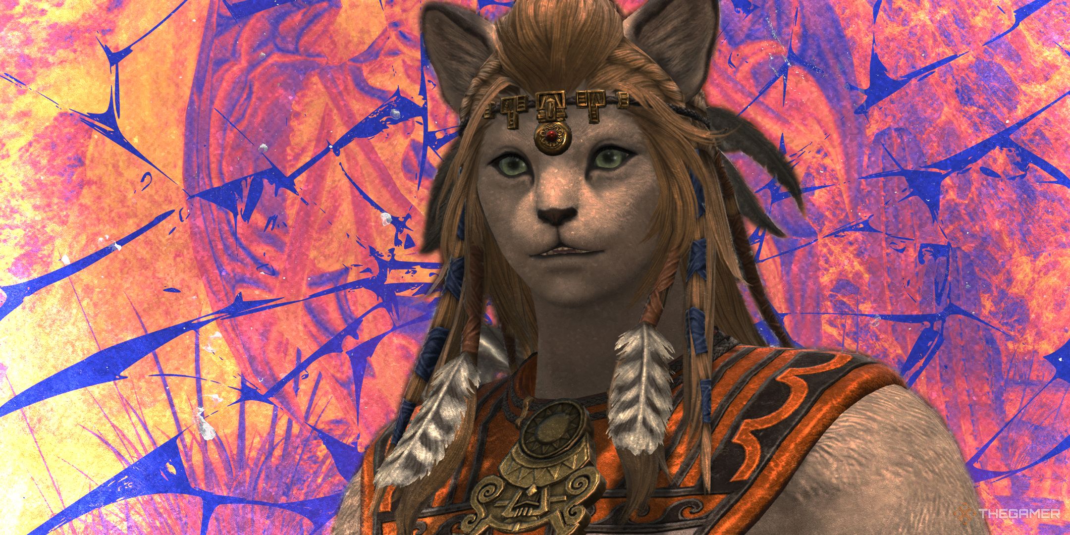 NEWS Final Fantasy 14 Dawntrail, une femme-chat sur un fond fissuré