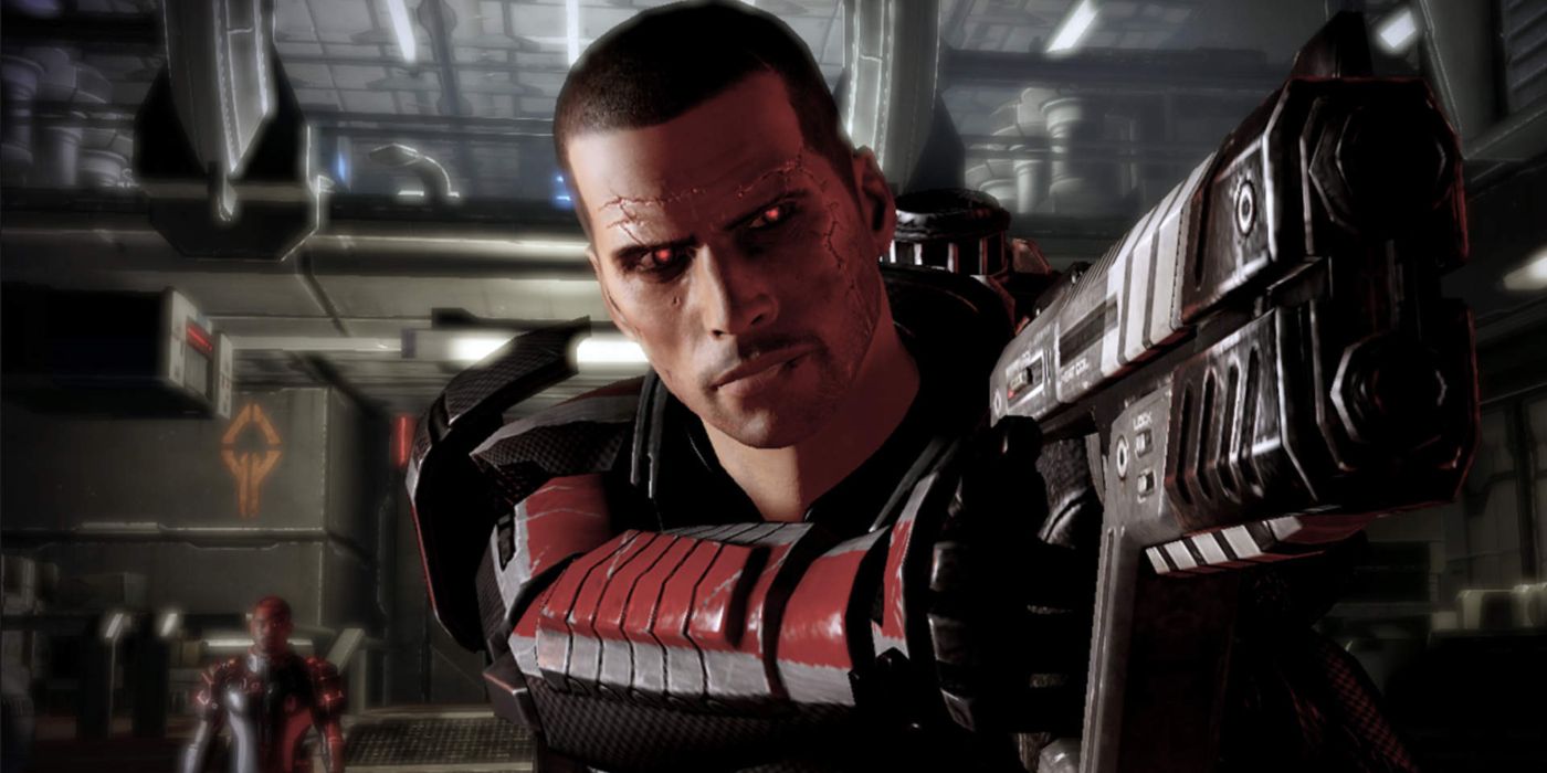 Capture d'écran de Mass Effect 2 montrant le renégat Shepard tenant un SMG