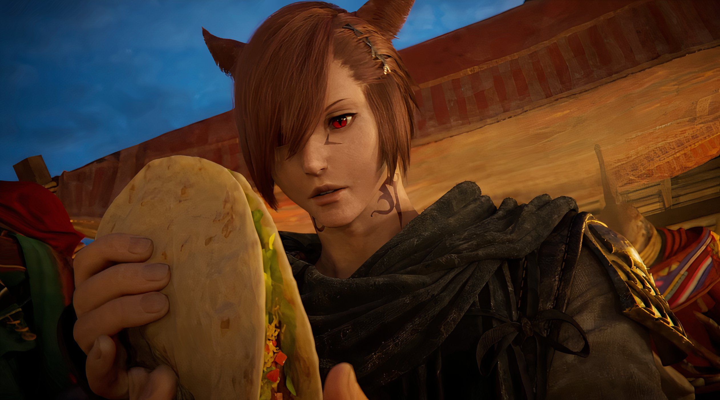 G'raha mange un taco dans Final Fantasy 14.