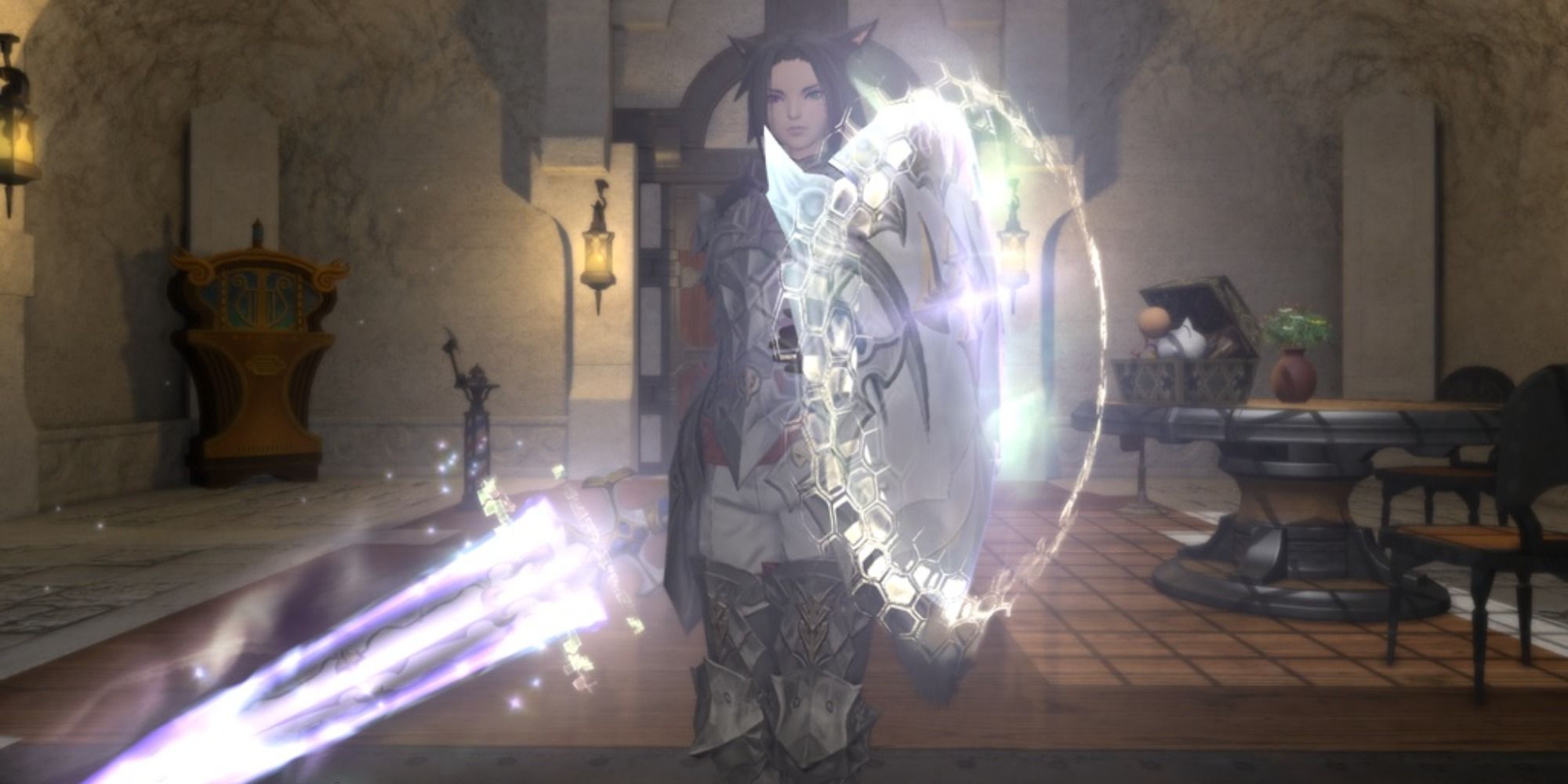 Un paladin brandissant l'épée Curtana Nexus et le bouclier sacré Nexus dans Final Fantasy 14